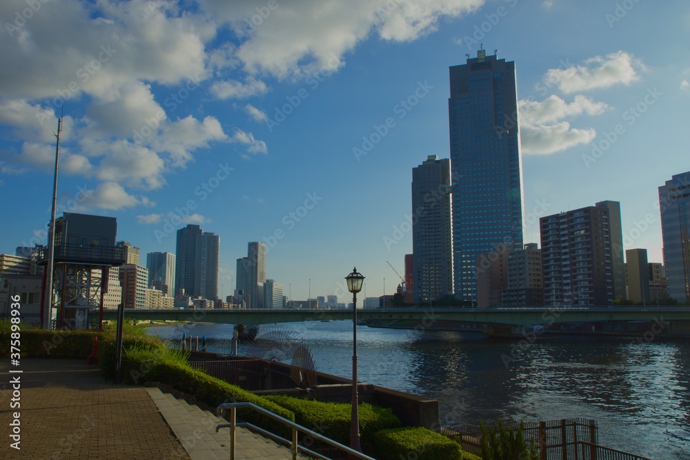 Naklejka premium 佃大橋 隅田川夕景 佃公園からの眺め