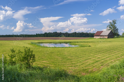Rural landscape with green and brown fields, blue pond in the middle and beautiful white clouds in the sky. Old countryside house on the right side. Forest on the horizon in the background
