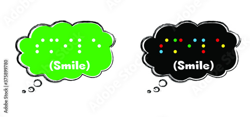 Slogan smile. World braille day, Blind day. Alphabet for blind, reading braille code signs. Vector sign or walking symbol. Text touching the relief hand finger. Louis Braille france Coupvray.