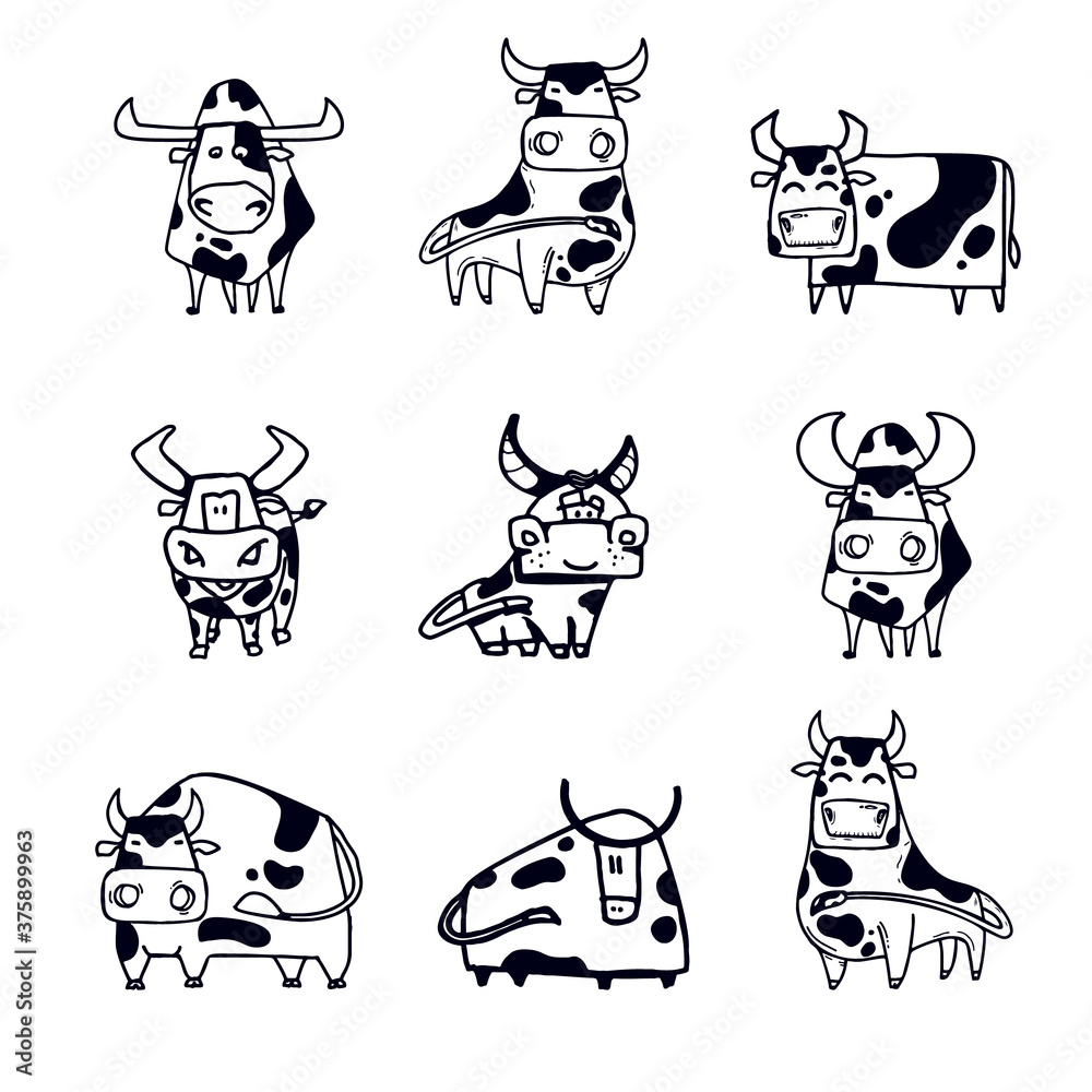 Fototapeta premium Illustrations of sketches of cartoon bulls, for design in the year of the bull, and can be used as a tattoo or logo. Children's clothing prints