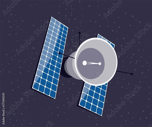 Space 3d satellite for communication. Gps spacecraft technology, wireless station in orbit. Device with antenna, receiver, radio equipment. Telecommunication vector illustration