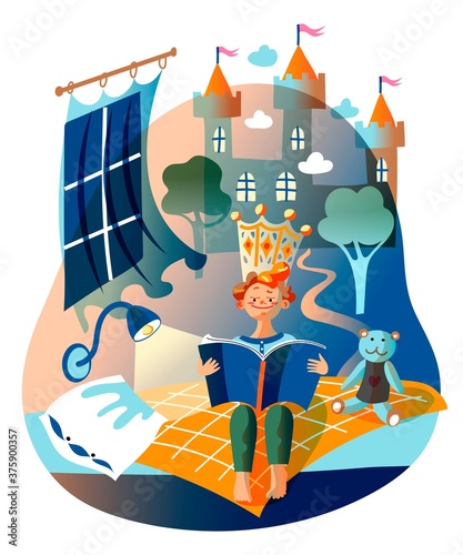 Boy is reading book of tale of kingdom, child literature