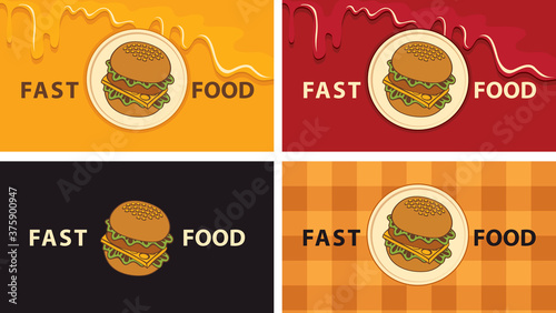 A set of business cards with a tasty burgers for a fast food restaurant. Vector illustration with a tasty hamburger or cheeseburger on various backgrounds, suitable for menu, flyer, banner, badge