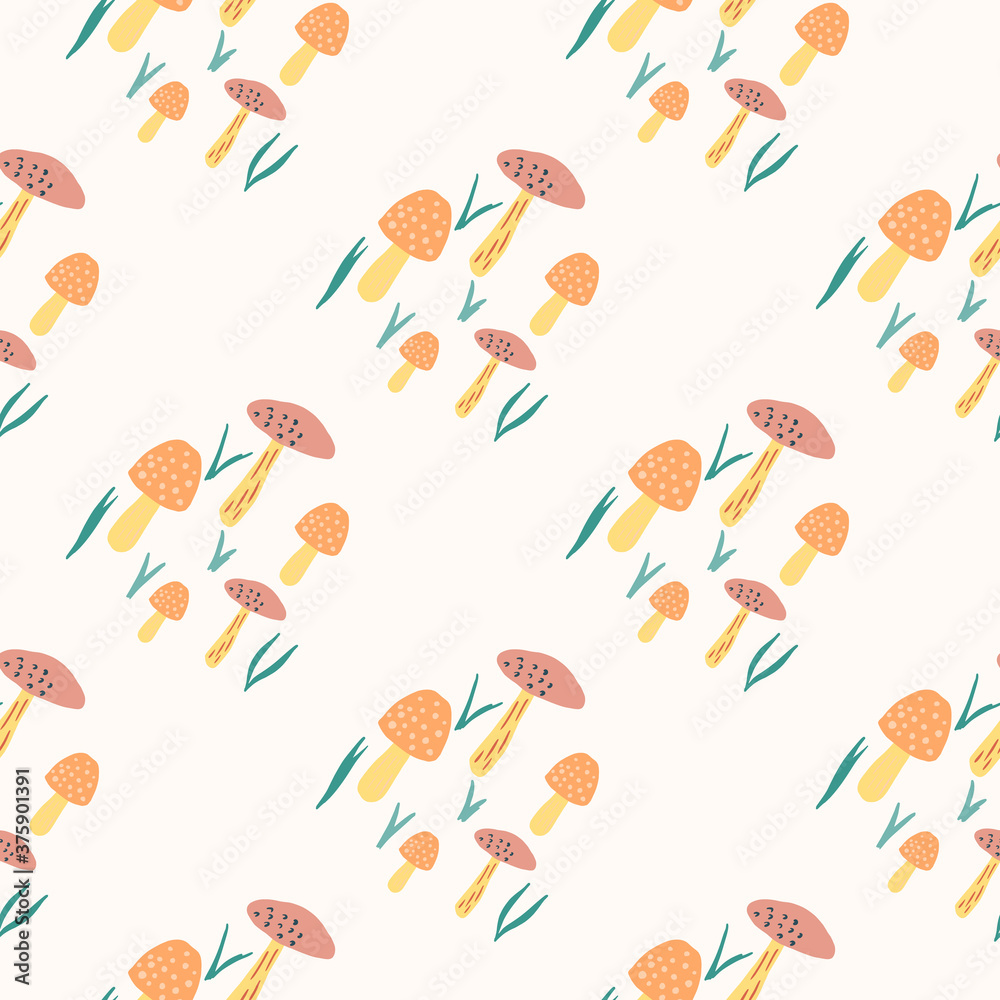 Isolated seamless simple pattern with mushroom silhouettes. White background with autumn wild fungus elements. Isolated seamless simple pattern with mushroom silhouettes. White background with autumn wild fungus elements.