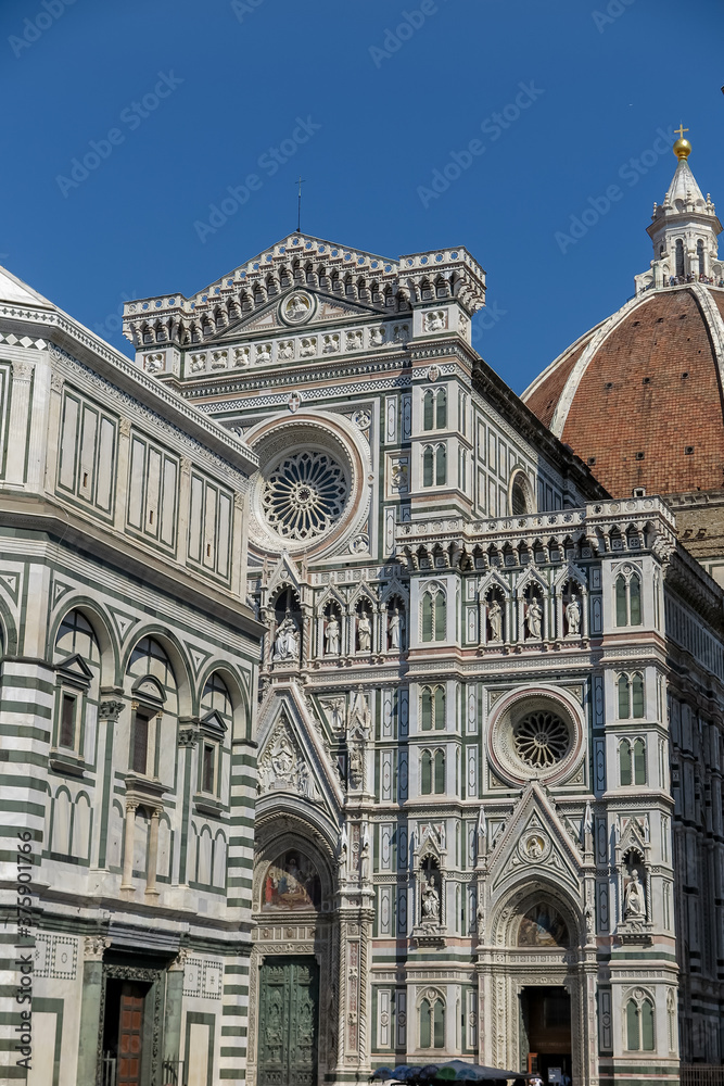 Details of the facade of the Cathedral of Santa Maria del Fiore, Duomo, city of Florence, capital of the Tuscan region, Italy