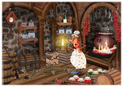 Grandma is brewing a potion in her forest house. Fabulous book illustration on the theme of Halloween.