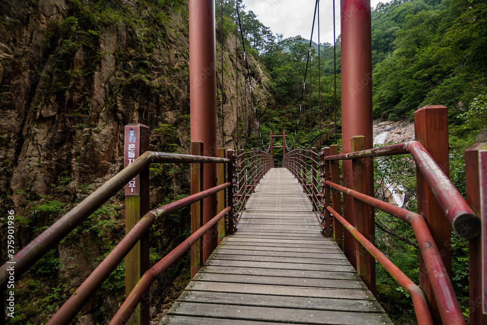 Suspension bridge along the Towangsan Falls trail at Seoraksan National Park in Sokcho, South Korea. Suspension bridge along the Towangsan Falls trail at Seoraksan National Park in Sokcho, South Korea.