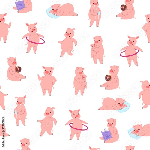 Piggy seamless pattern vector illustration. Cartoon flat cute little pig doing sport exercises, funny happy pet eating donuts, reading book or sleeping on cozy pillow. Domestic animal wallpaper design