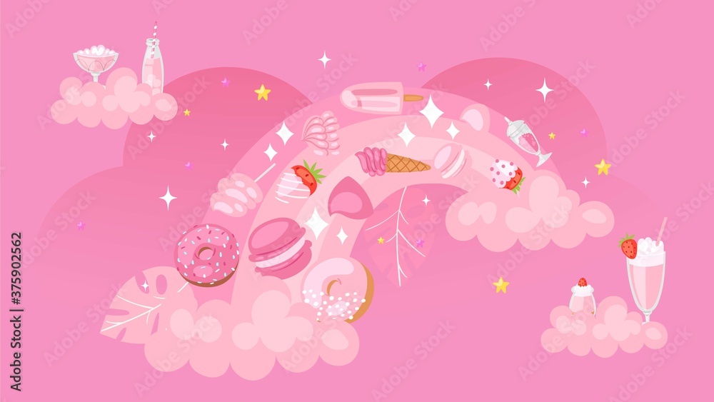 Rainbow pink background, sweets fabric pattern, cute, sweet donut, fashion dessert, design, cartoon style vector illustration. Caricature incarnadine ground, food wallpaper, modern dessert element.