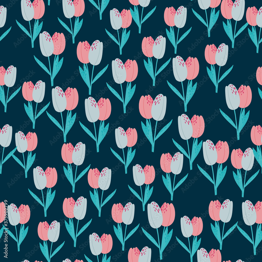 Naklejka Little tulip silhouttes seamless pattern. Navy blue background with pink and blue flowers.