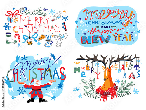 Merry Christmas and Happy New Year lettering on greeting postcards set