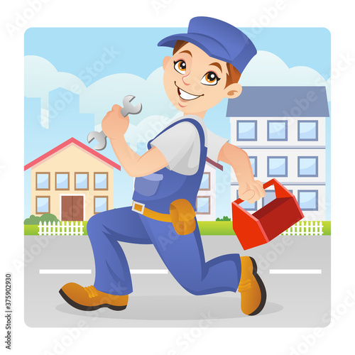 Plumber handyman running to work with his toolbox and wrench