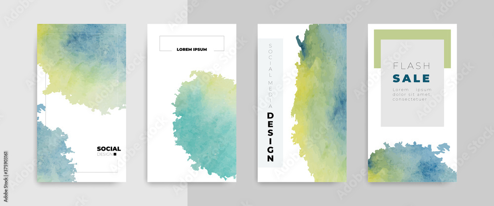 Vector set of social media post template design in gray white background. Verticale social stories template. Editable modern watercolor design. Suitable for fashion sales and discount web banner.