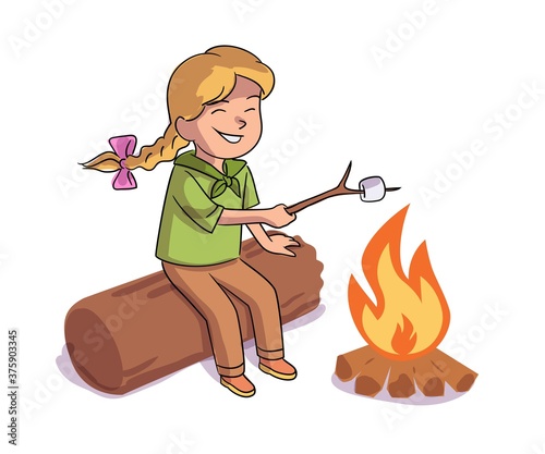 Kid on camping trip. Little girl scout roast marshmallow on campfire. Outdoor adventure scene vector illustration. Cute school student on summer vacation