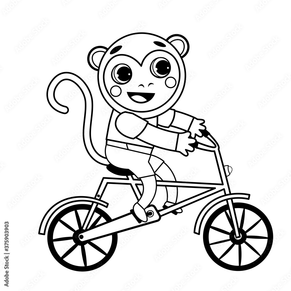 Coloring page outline of cartoon monkey on bicycle. Vector image on white background. Coloring book of transport for kids. Coloring page outline of cartoon monkey on bicycle. Vector image on white background. Coloring book of transport for kids.