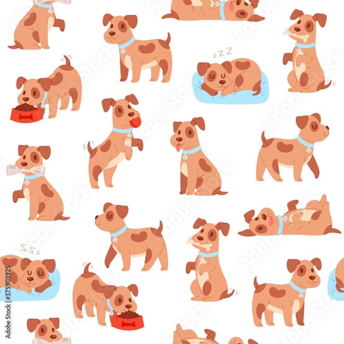 Puppy seamless pattern vector illustration. Cartoon flat cute happy little dog walking, funny pet eating bone food from bowl plate, sleeping on cozy pillow or playing. Domestic animal wallpaper design