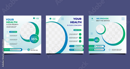 Collection of Medical social media post template for hospital and clinic. with green and white background