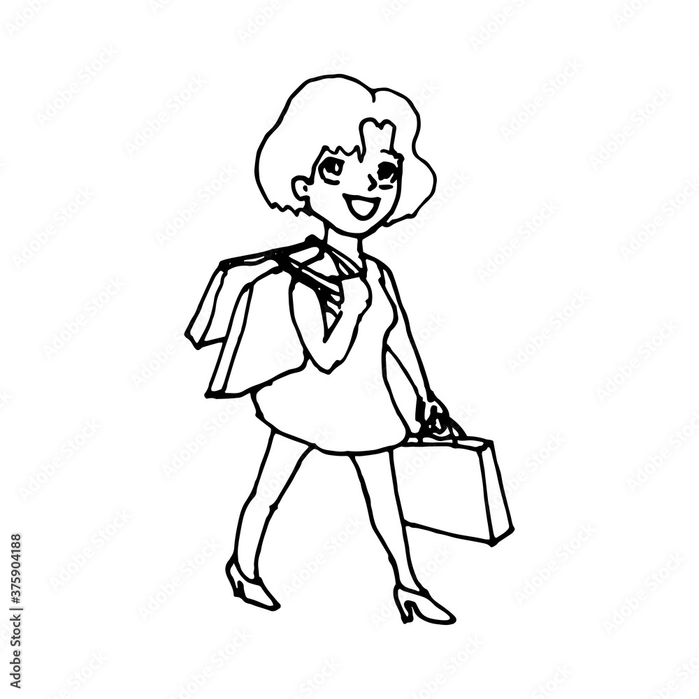 Happy girl carries shopping. Linear art on a white background Happy girl carries shopping. Linear art on a white background