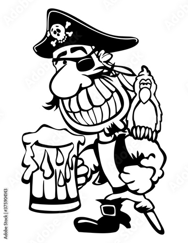 Funny cartoon pirate with beer, big smile, hat, parrot and peg leg, black line art isolated vector illustration for easy editing.