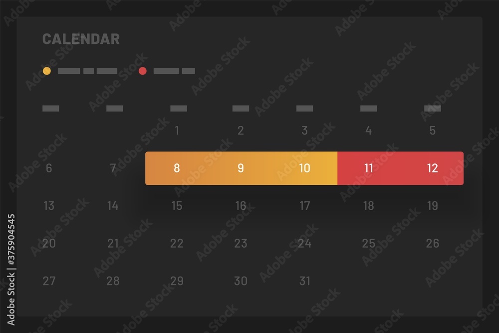 Calendar. Elements of infographics on a dark background. Use in presentation templates, mobile app and corporate report. Dashboard UI and UX Kit.