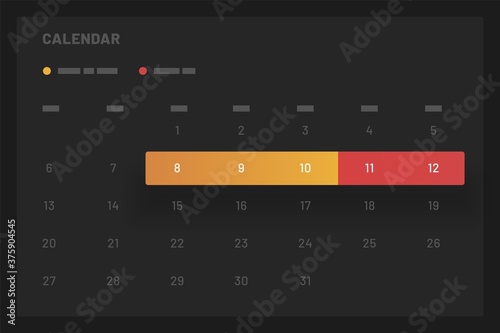 Calendar. Elements of infographics on a dark background. Use in presentation templates, mobile app and corporate report. Dashboard UI and UX Kit.