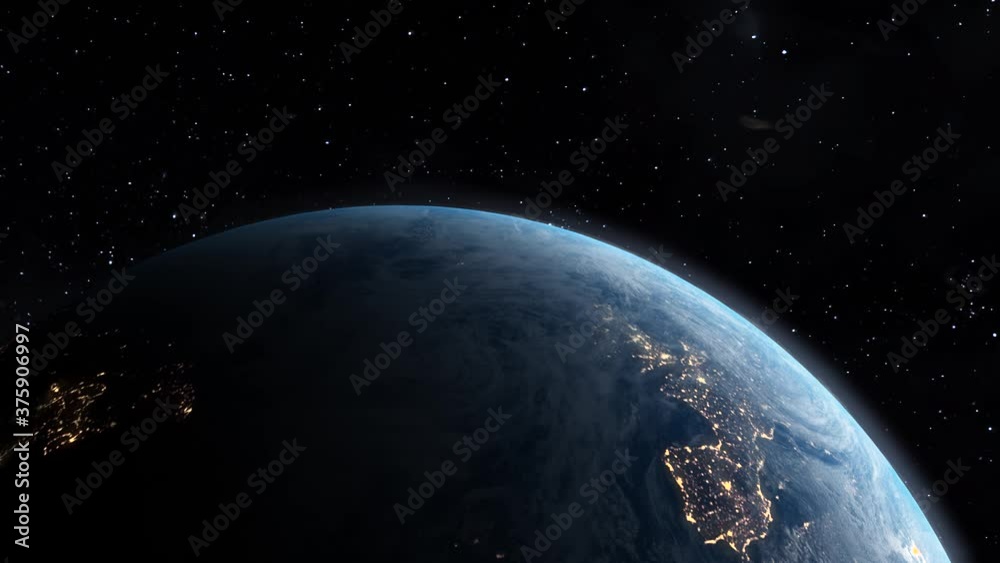 Animation of planet Earth flying in space among the stars.