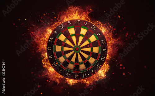 Dart board target in burning flames close up on dark brown background. Classical sport equipment as conceptual 3D illustration.