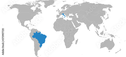 Brazil  Italy countries isolated on world map. Light gray background. Maps and backgrounds.