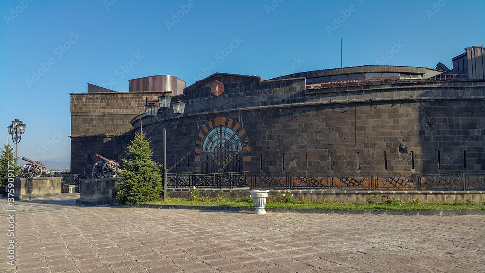 GYUMRI, SHIRAK PROVINCE / ARMENIA - SEPTEMBER 1, 2020. SEV bird or black fortress. Black castle. An abandoned Russian Imperial fortress. Tourist concept. GYUMRI, SHIRAK PROVINCE / ARMENIA - SEPTEMBER 1, 2020. SEV bird or black fortress. Black castle. An abandoned Russian Imperial fortress. Tourist concept.