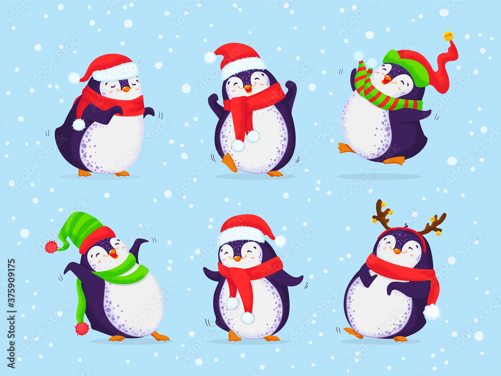 Hand drawn vector set of cute dancing penguins. Different clothing and santa hats, various poses. Colored trendy illustration. All elements are isolated.