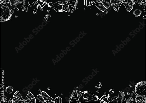 Fast food menu. Sketch sandwich burger, pizza snacks vintage design on chalkboard. Fast food restaurant menu board vector template. Illustration of menu fast food, restaurant pizza and hamburger