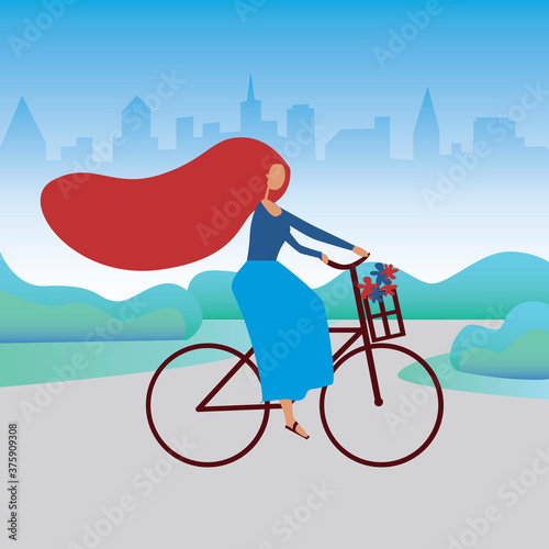 Girl riding a bike as an activity cycling sport concept, flat vector stock illustration with a cyclist in nature outside the city