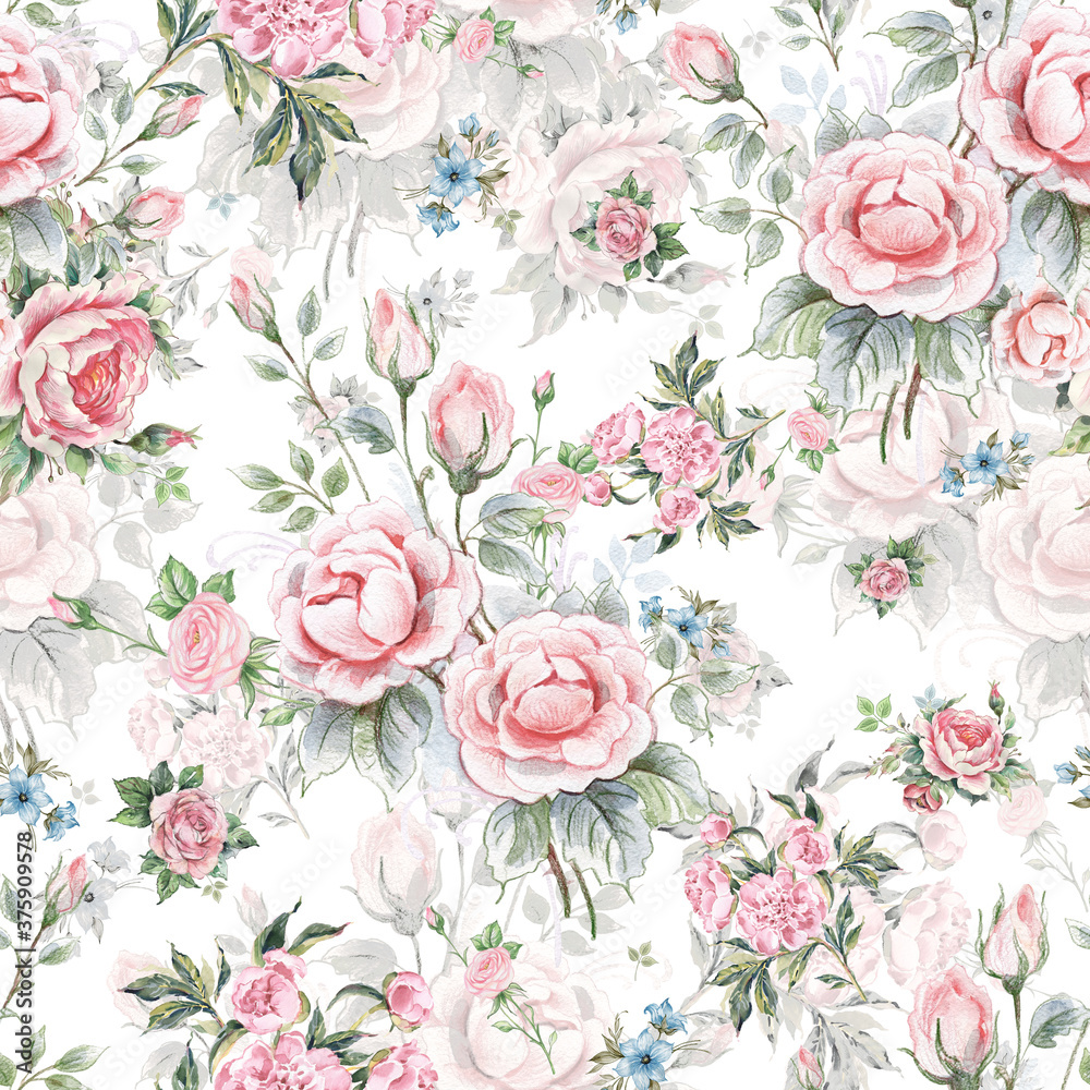 Seamless beautiful pattern for the surface flowers drawn by hand on pape
