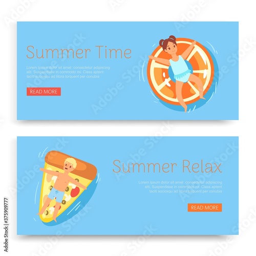 Summer time, relax, inscription on set banners, tropical blue ocean, tourism exotic vacation, cartoon style vector illustration. Boy, beautiful girl, children on rubber rings, float water, funny guys.