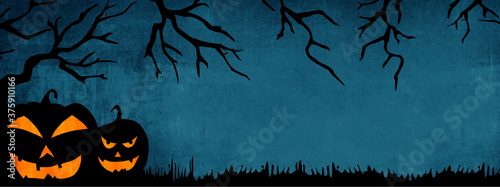 HALLOWEEN background banner wide panoramic panorama template -Silhouette of scary carved luminous cartoon pumpkins and trees isolated on dark blue texture
