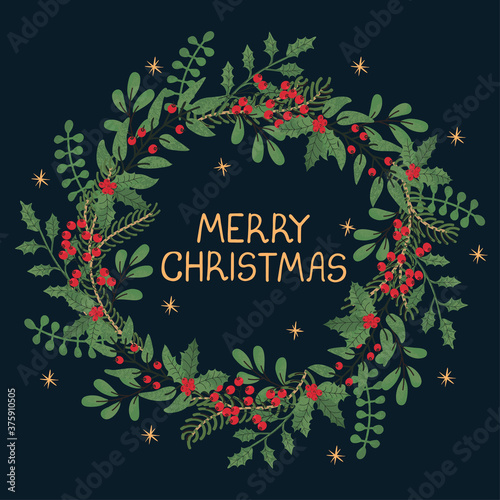 Vector christmas wreath template. Hand draw frame. Use it as invitation, greeting card, poster, banner, Social Media design post, flyer, cover, placard, brochure and other graphic design