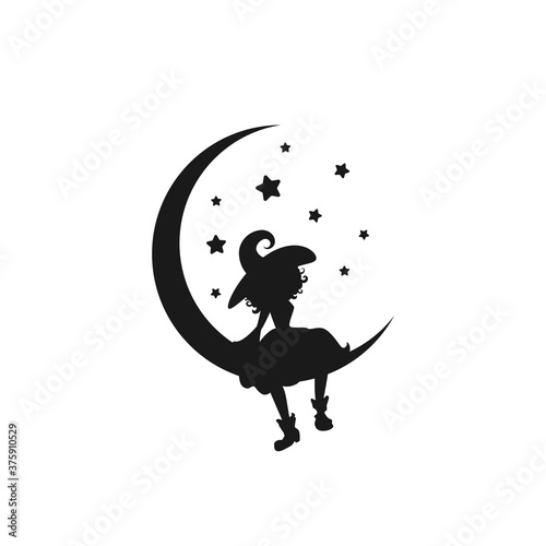Black witch sits on the crescent in the night sky. Half moon and stars and hag in hat.