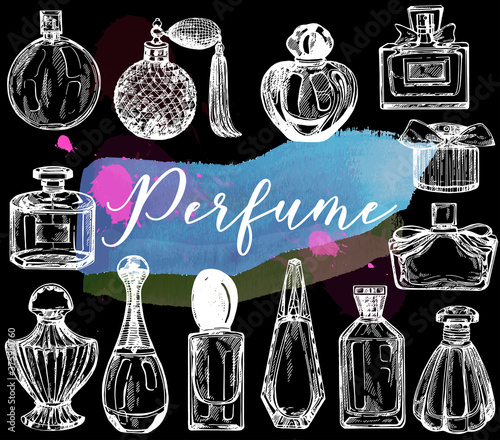 Set of hand drawn sketch style bottles of perfume isolated on black background. Vector illustration.