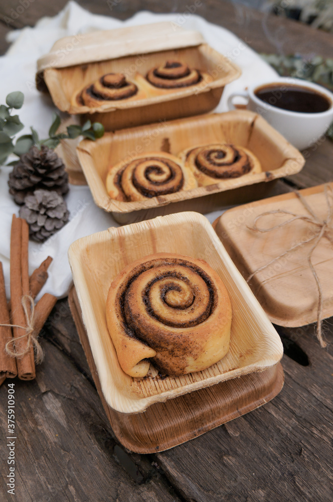 Cinnamon rolls on a plate from nature on a wooden table. Cinnamon rolls on a plate from nature on a wooden table.