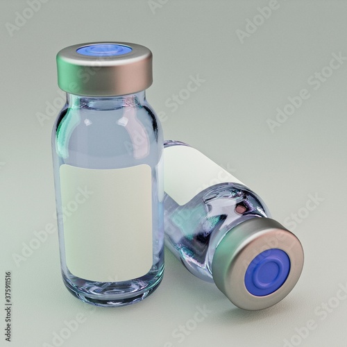 Couple of vaccine vials on grey background. 3D illustration mockup