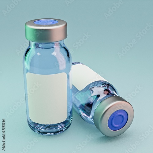 Couple of vaccine vials on cyan background. 3D illustration mockup