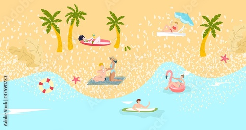 Canvas Print Composition beach, tourism summer vacation, illustration sea resort, tropical sand, design, cartoon style vector illustration