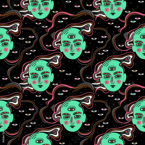 Modern psychedelic fashion seamless pattern with beautiful mystery person with third eye.