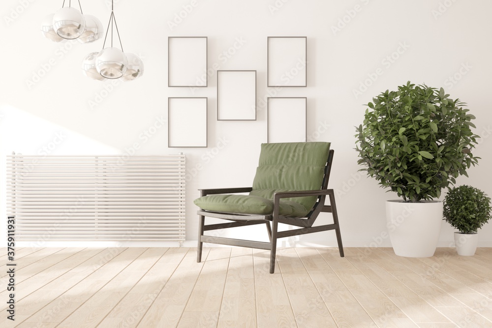Fototapeta premium modern room with heating battery,armchair,plant and frames interior design. 3D illustration