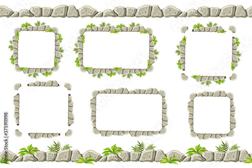 Set of seamless constructor old gray border with grass. Vector stone sidewalks for computer games isolated on white background.