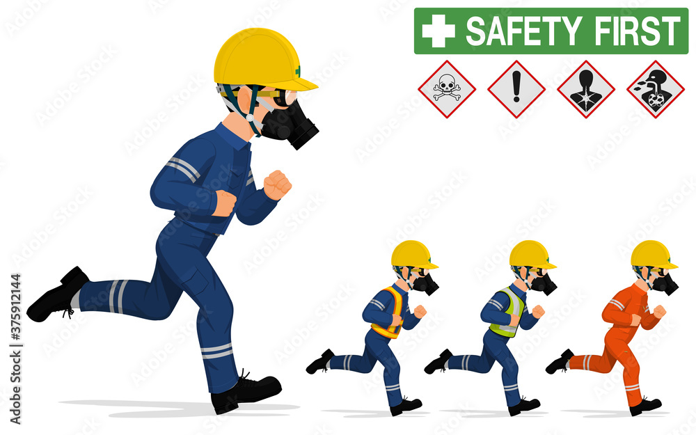 An industrial worker with the respirator is running An industrial worker with the respirator is running