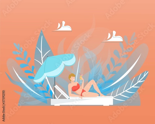 Beautiful woman, vacation summer beach, vacation young girl sea, tropical climate, design, cartoon style vector illustration. Seasonal tanning, quite comfortable resort, relaxation lying down. © partyvector