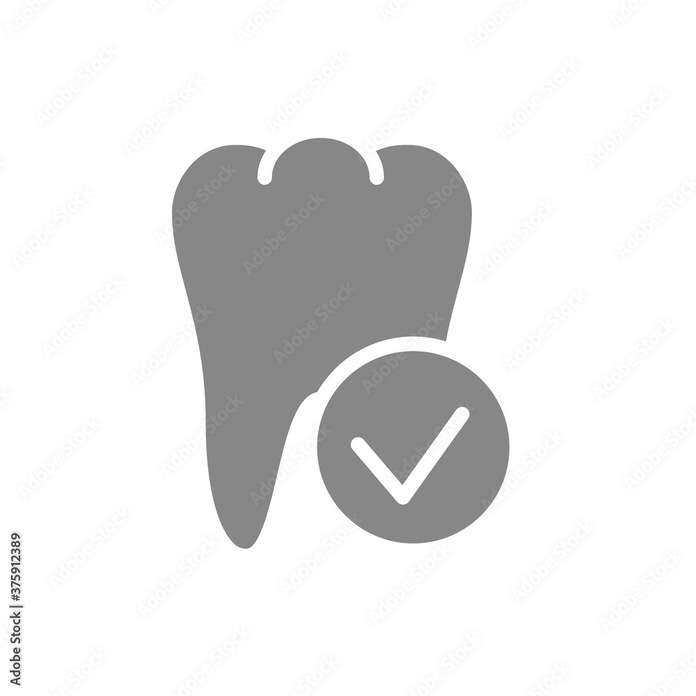 Tooth with tick checkmark gray icon. Internal organ symbol Tooth with tick checkmark gray icon. Internal organ symbol