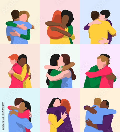 Two people hugging. Multiethnic couples having a hug. Support and unity, social diversity and health benefits concepts. Vector flat illustration.