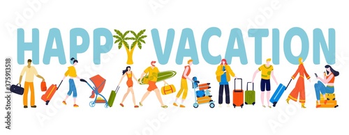 Summer rest people, happy vacation, lettering with huge letters, active lifestyle, cartoon vector illustration, isolated on white. Young men, women and children tourists, character collection.